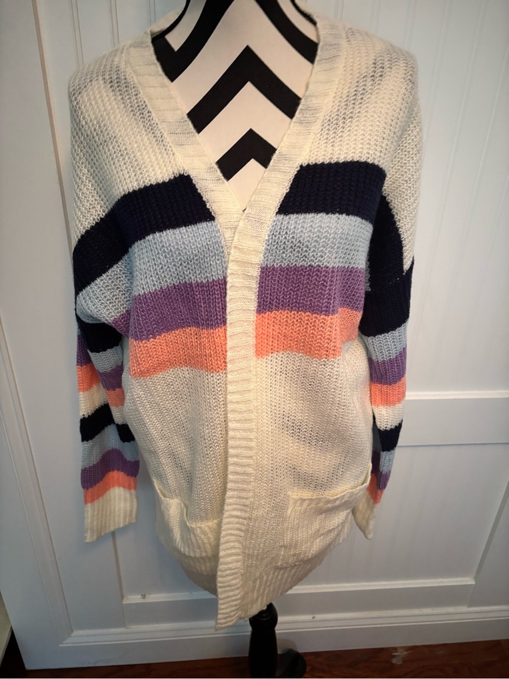 Hayden White Open-Front Cardigan with Navy, Lavender & Peach Stripes